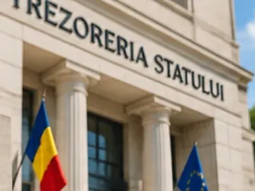 Clădirea Trezoreriei Statului, cu drapelele României și Uniunii Europene